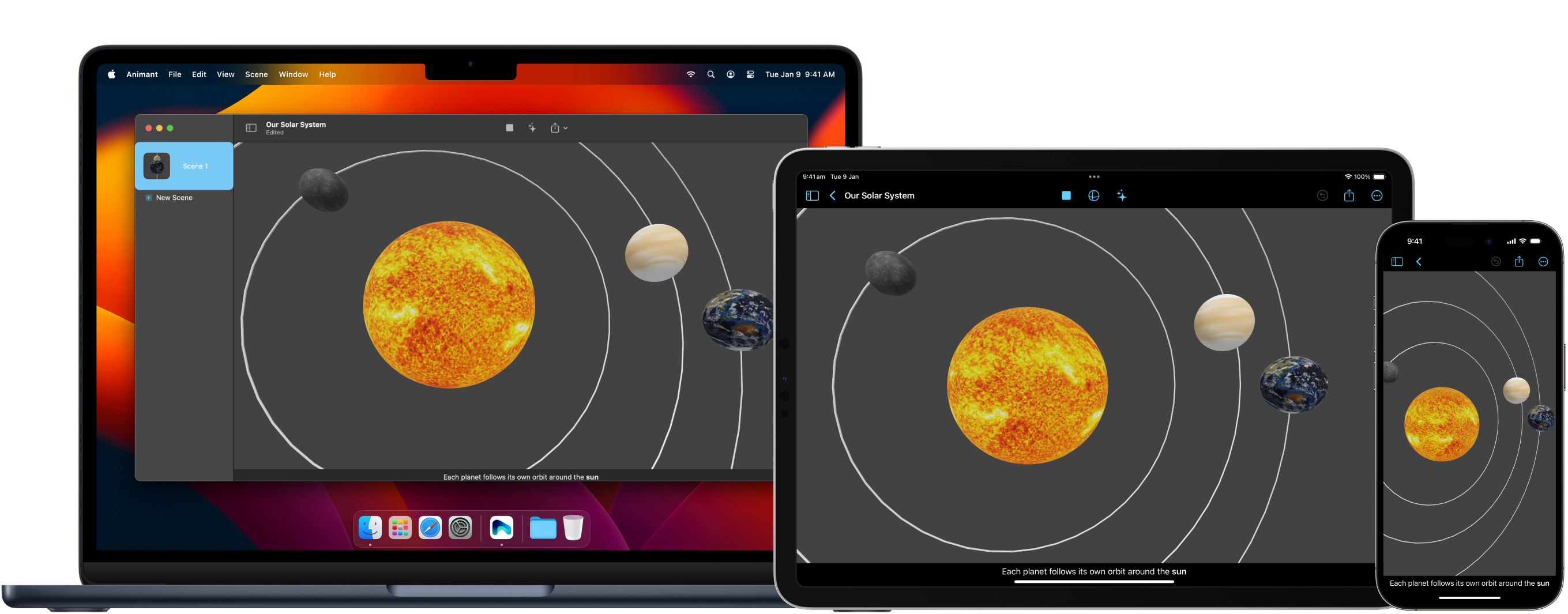 A MacBook, iPad, and iPhone displaying the Animant interface displaying a project titled 'Our Solar System'