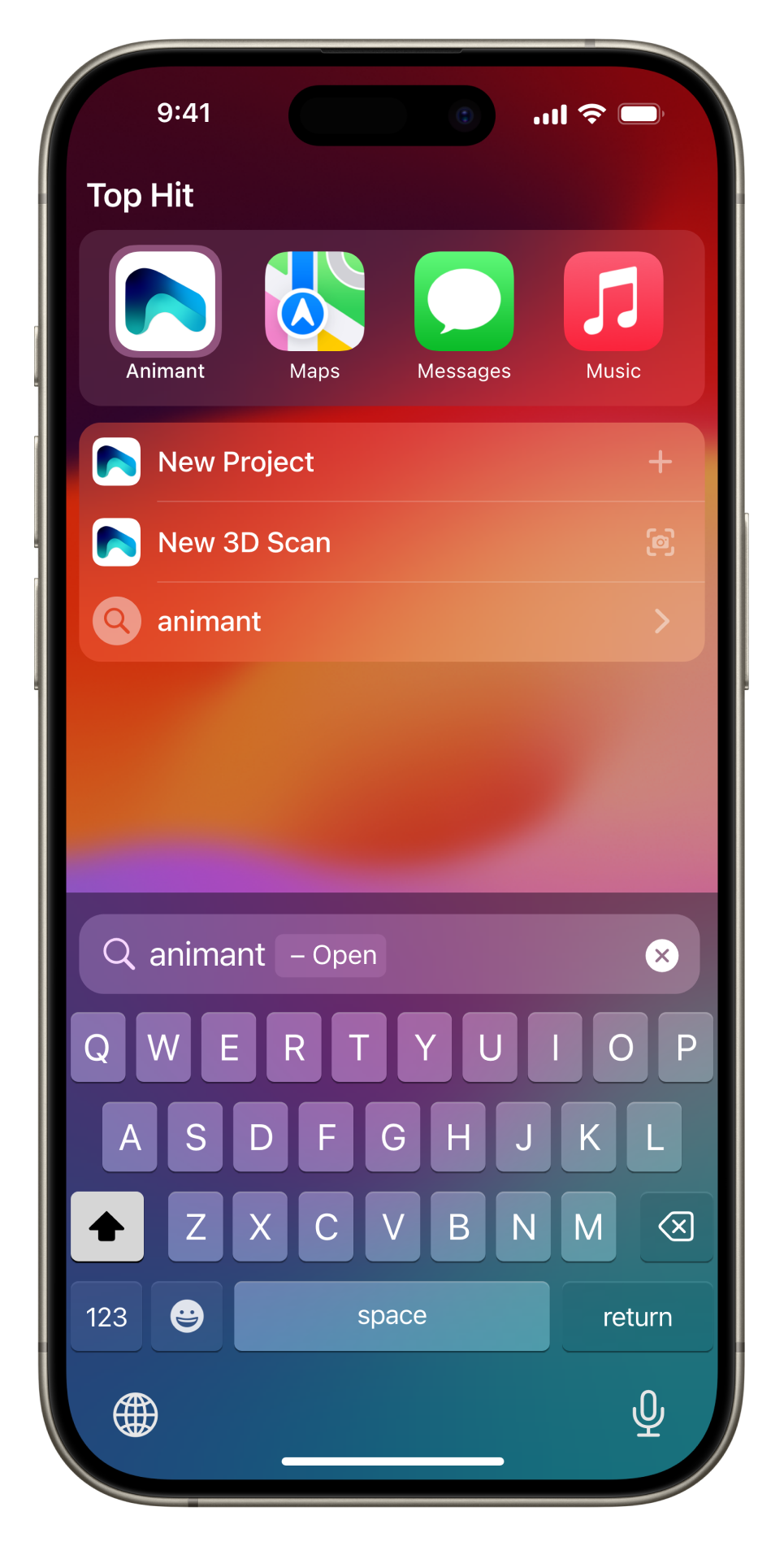An iPhone with Spotlight open and Animant populating the results.